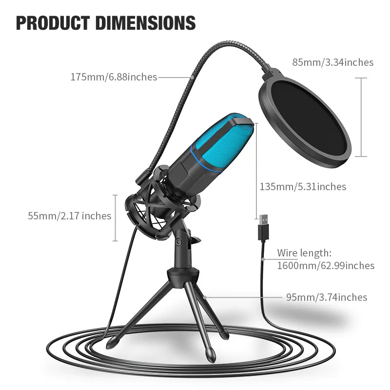 USB Microphone RGB Microfone Condensador Wire Gaming Mic for Podcast Recording Studio Streaming Laptop Desktop PC
