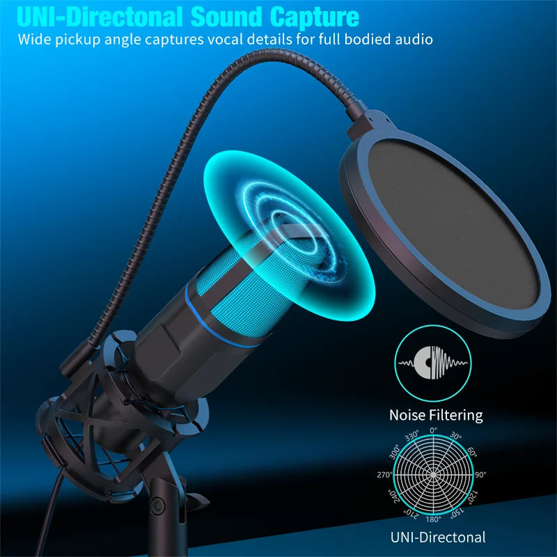 USB Microphone RGB Microfone Condensador Wire Gaming Mic for Podcast Recording Studio Streaming Laptop Desktop PC