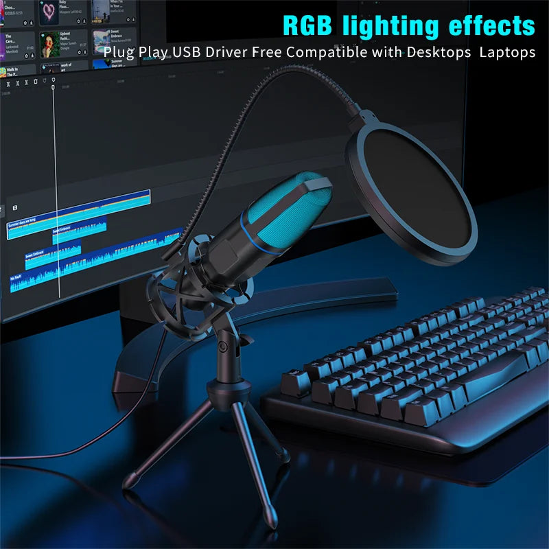 USB Microphone RGB Microfone Condensador Wire Gaming Mic for Podcast Recording Studio Streaming Laptop Desktop PC